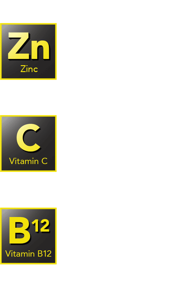 zinc symbol, vitamin c symbol and vitamin b 12 symbol