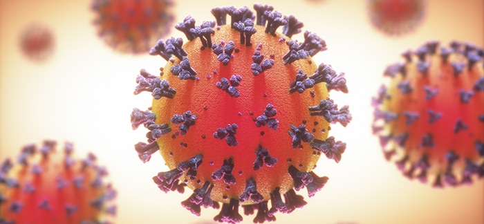 COVID-19, Coronavirus, group of viruses that cause diseases in mammals and birds. In humans, the virus causes respiratory infections. 3D illustration.